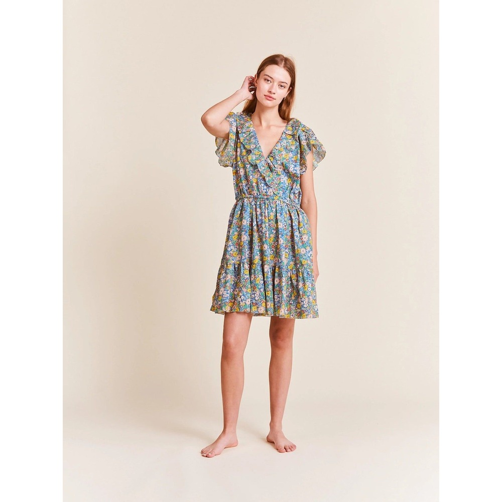 Trovata Dress Size M Blue Marcella Birds‎ of Paradise Floral Silk Cotton Mini